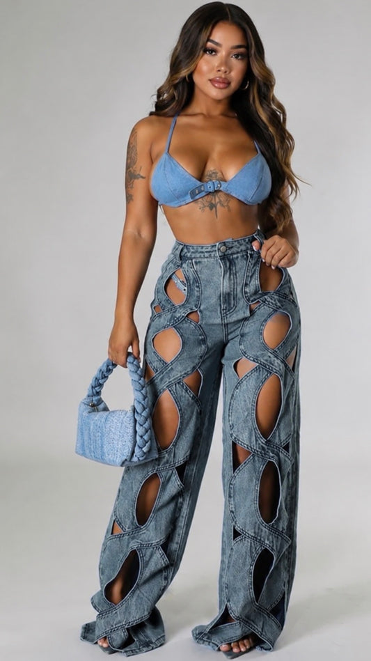 Sky Blue Denim Cutout Pant Set